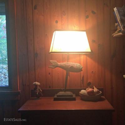 Found fish lamp atop one of two antique bureaus / night stands