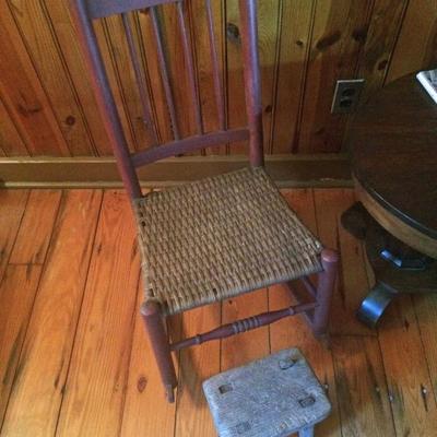 Antique chair with rush seat, primitive footstool