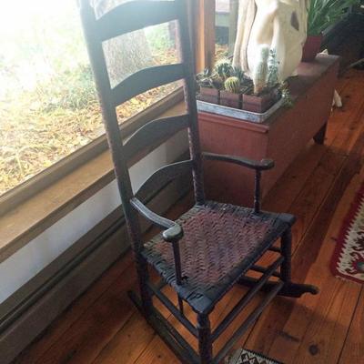 Antique rocker with woven seat, antique blanket chest