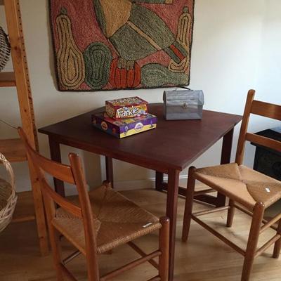 Mahogany Table with ladder back chairs, Needle punch artwork