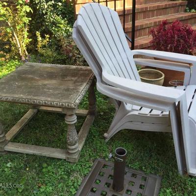 Outdoor table, umbrella stand and Adirondack chairs