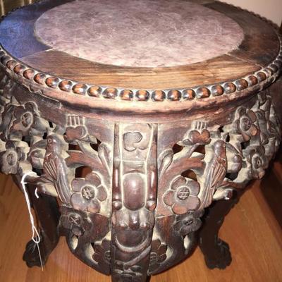 Antique Asian Carved Stool w/ Marble Top