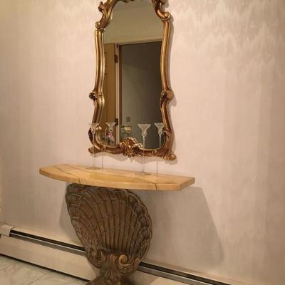 Shell Base Hall Table, Ornate Gold Mirror 