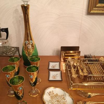 Bohemian Glass Decanter Set with Gold and Enamel, Gold Plated Flatware
