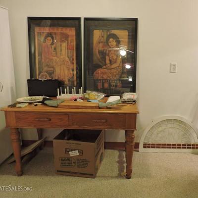 Oak Flat Top Desk and 2 Antique Chinese Cigarette posters