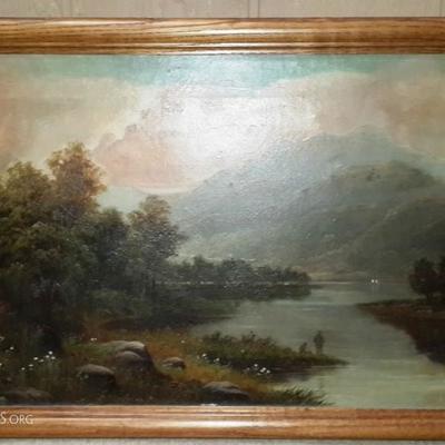 â€œLush Landscape with River, Mountains and fishermenâ€ by David Mackenzie (1800-1875): Oil on canvas circa 1860. Measures approximately...