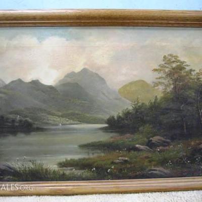 â€œLush Landscape with River, Mountains and Distant Sailboatâ€ by David Mackenzie (1800-1875): Oil on canvas circa 1860. Measures...