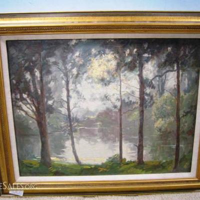 “The Lake, Ken Gardens, Evening” By Augustus Enness (1876-1948): oil on canvas measuring approximately 15” high by 20” wide unframed and...