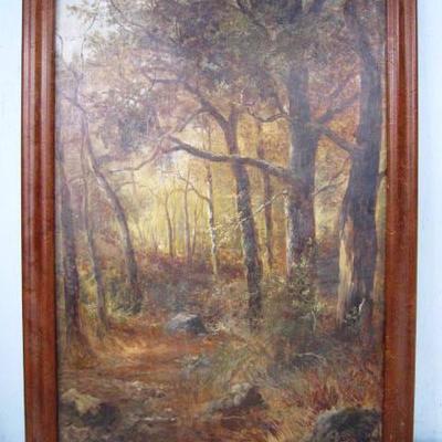 â€œFall Forest Landscapeâ€ by Joseph Thors (1835-1900): oil on canvas 1875. Measures 24â€ high by 16â€ wide unframed 27â€ by 18.5...