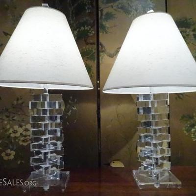 PAIR LUCITE STACKED BLOCK TABLE LAMPS