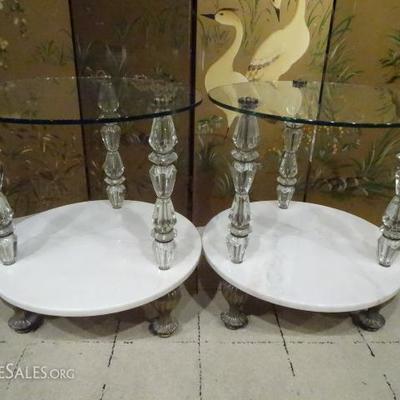 PAIR HOLLYWOOD REGENCY STYLE GLASS AND MARBLE TABLES WITH GLASS LEGS
