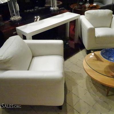 PAIR WHITE LEATHER CLUB CHAIRS