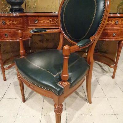 MARQUETRY KIDNEY SHAPE DESK AND CHAIR WITH GILT EMBOSSED LEATHER