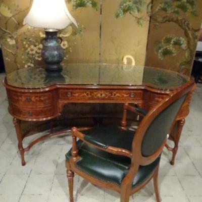 MARQUETRY KIDNEY SHAPE DESK AND CHAIR WITH GILT EMBOSSED LEATHER