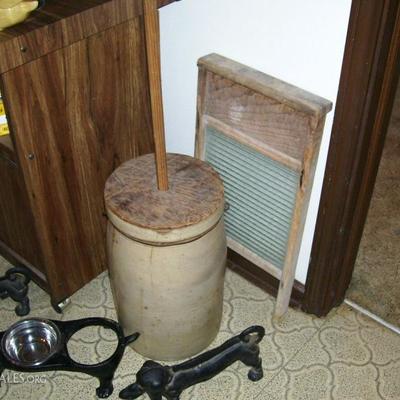 Antique butter churn and glass wash board