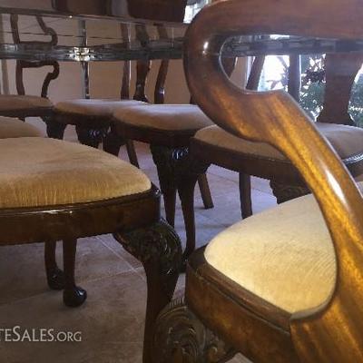 8 Mahogany chairs with Paw foot, Cabriole Leg.  Antique high back Dining Chairs. Horsehair stuffing recovered upholstery.


