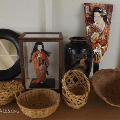 ADK030 Japanese Doll in Case, Paddle, Baskets and More!
