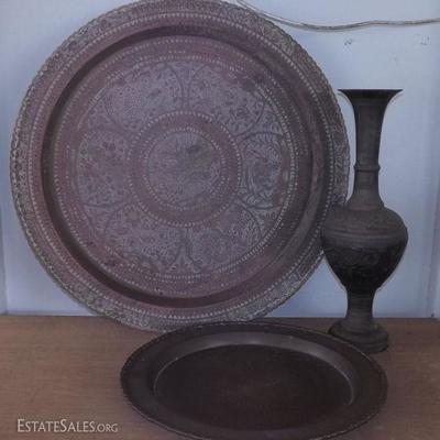 ADK032 Two Large Brass Platters and Vase
