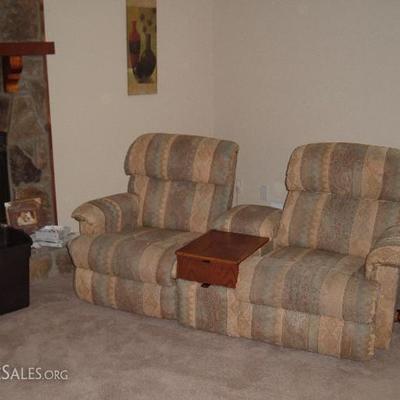 Double Lazy Boy Recliner with Oak Table and Two Drawers for Storage. Recliners can be separated. Condition:  Excellent.