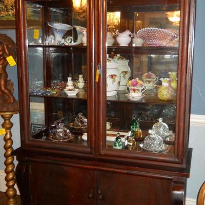 Empire china cabinet, Fenton, Royal Albert, Mary Gregory bell, clear to cut bell, vintage round butter dishes, etc.