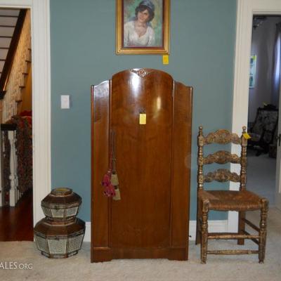 Art Deco small armoire, rush seat chair, stacking boxes, etc.