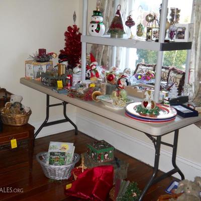 holiday items, mahogany end table, lamp, etc.