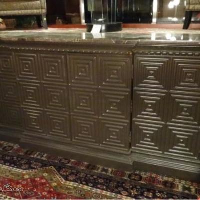 MID CENTURY MODERN CREDENZA WITH THICK MARBLE TOP AND GEOMETRIC PATTERN DOOR PANELS
