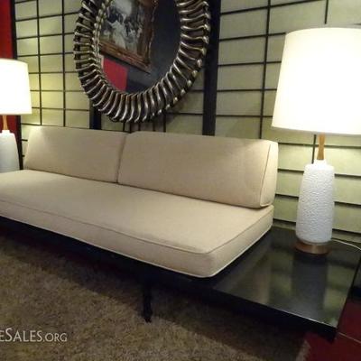 1950's or 60's MID CENTURY MODERN SOFA WITH BUILT IN END TABLES, BLACK FINISH