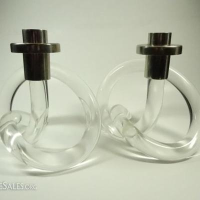 PAIR DOROTHY THORPE LUCITE AND CHROME CANDLE HOLDERS