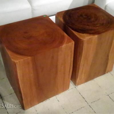 PAIR MODERN DESIGN END TABLES FORMED FROM SOLID WOOD TREE TRUNKS