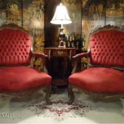 PAIR LOUIS XV STYLE RED VELVET ARMCHAIRS - A THIRD IDENTICAL CHAIR SOLD SEPARATELY