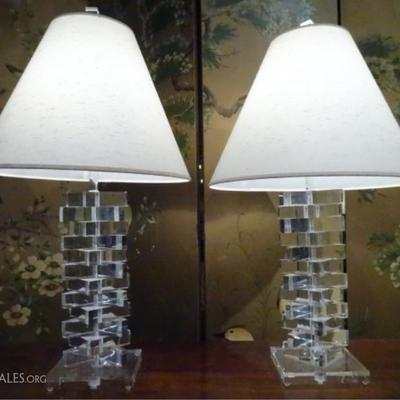 PAIR LUCITE STACKED BLOCK TABLE LAMPS