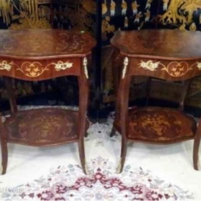 PAIR LOUIS XV STYLE MARQUETRY END TABLES WITH GILT METAL MOUNTS AND PULLS