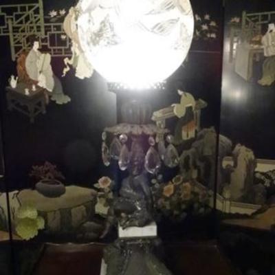 ORNATE TABLE LAMP WITH ROUND GLASS GLOBE AND CRYSTAL DROPS