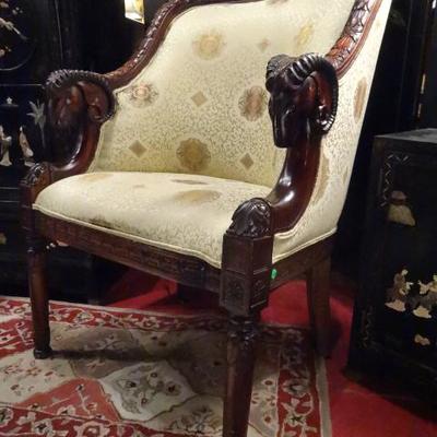 PAIR FRENCH EMPIRE STYLE ARMCHAIRS WITH CARVED RAM'S HEADS