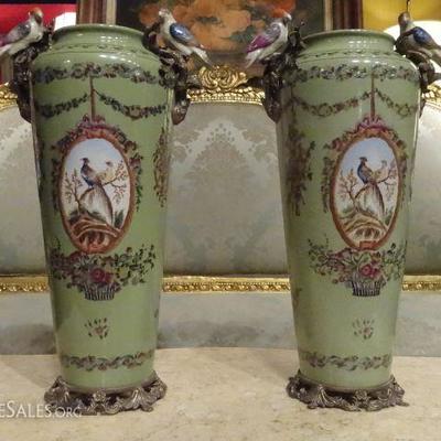 PAIR PORCELAIN AND GILT METAL VASES WITH BIRD FORM HANDLES
