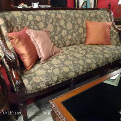 2 PIECE FRENCH EMPIRE STYLE SOFA AND LOVESEAT WITH CARVED RAMS HEAD ARMS