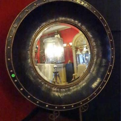 ROUND LEATHER WRAPPED MIRROR WITH NAILHEAD TRIM