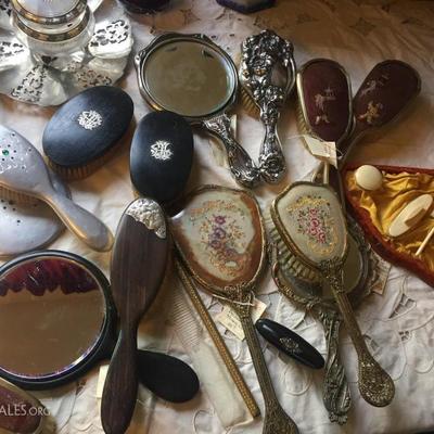 Vintage and antique vanity mirror and brush sets