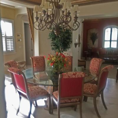Beautiful Beveled Glass-top Dining Table with 8 (!) Custom Upholstered Chairs