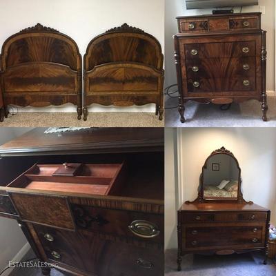 Stunning antique Berkey and Gay bedroom set including two single bed frames with headboard and footboard and two dressers. All in perfect...