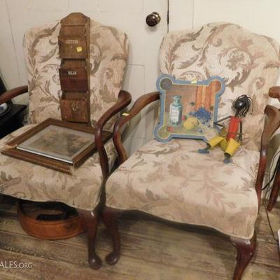 Pair of Queen Anne style upholstered armchairs $125