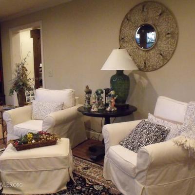Pottery Barn chairs and ottoman.