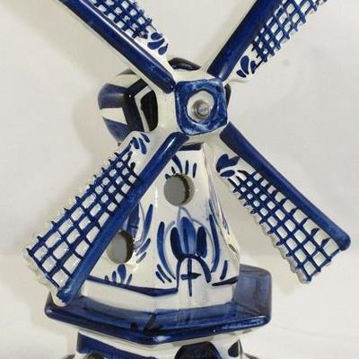 Vintage Delft Blue Porcelain Holland Windmill Signed by Artist Figurine 8 1/4" Tall