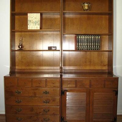 Ethan Allen 3- Shelf Book Cases on a  4- Drawer Chest and a Single Drawer over 2- Louvered Door Cabinet