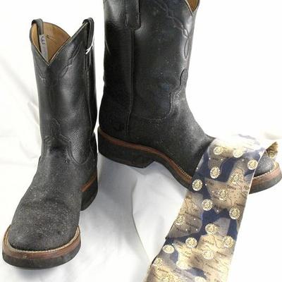 Anderson Bean Boot Co. Black Leather Work Boots shown with Tango "Americana Series Texas City Map" 100% Silk