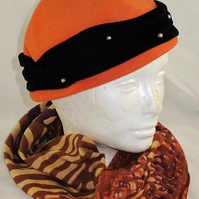Vintage Orange Felt Hat w/Pearl Embellished Black Crushed Band 