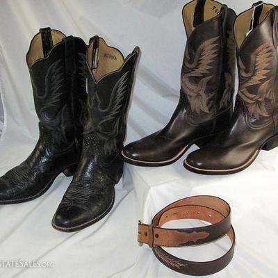 Rios of Mercedes, Texas Handmade Boots: Phoenix Stitched Black Leather And Brown Leather shown with a Tony Lama 2-Tone Brown with Feather...