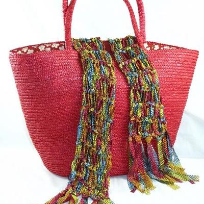 Vintage Red Straw Tote/Beach Bag with a Multi Color Fish Net Woven Long Neck Scarf 