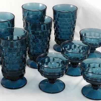 Indiana Glass American Whitehall Williamsburg Blue Iced Tea (7 ea.) and Low Sherbets (8 ea.) 